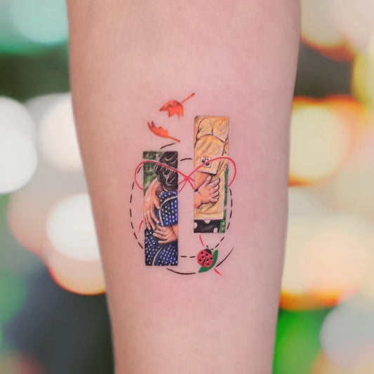 Small Illustrative Hugging Figures Family Tattoo on Women Arm by @tahirtokmak