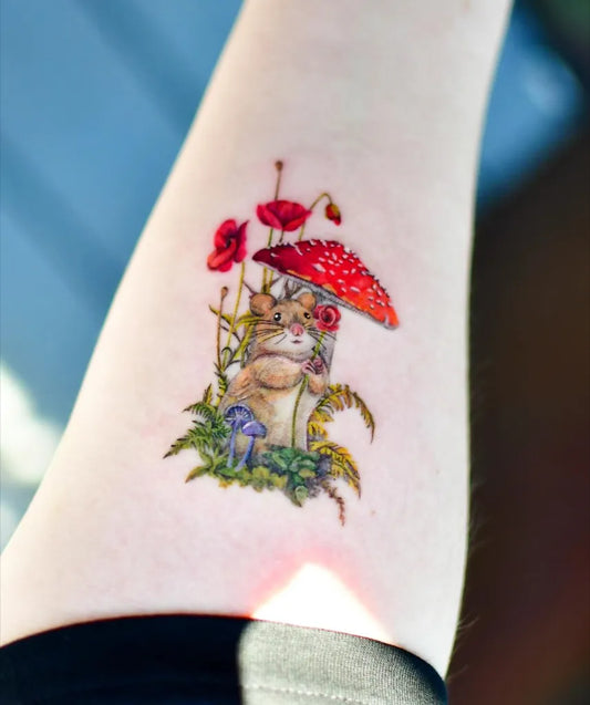 Small Illustrative Mouse Mushroom Poppies on Women Arm Tattoo by @thistle.tattoo