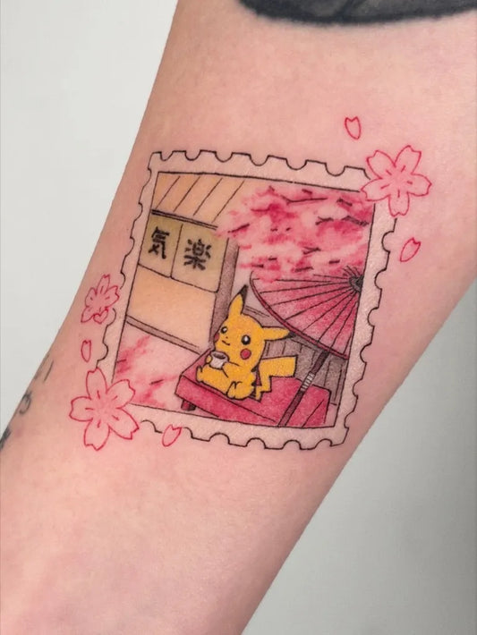 Small Illustrative Pikachu with Cherry Blossoms Tattoo on Women Arm by @peaz_tokyotattoo