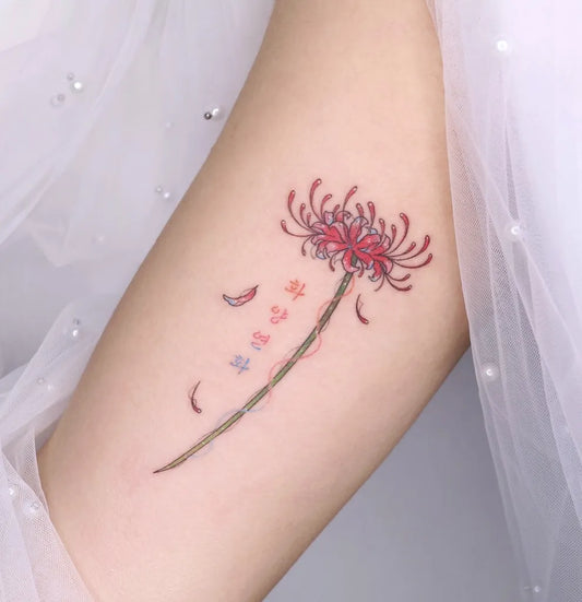 Small Illustrative Red Spider Lily with Korean Text Tattoo on Women Arm by @its_yellowoon
