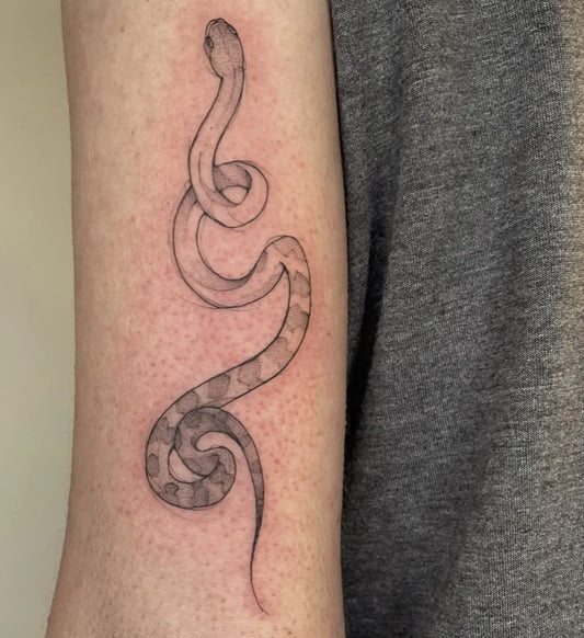 Small Illustrative Snake Tattoo on Men Arm by @sergio_canete