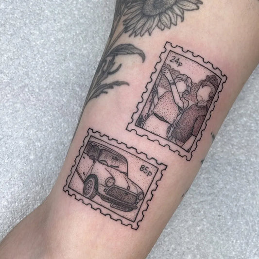 Small Illustrative Stamp Portraits and Car Family Tattoo on Women Arm by @demidots_tattoo