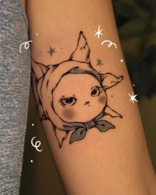 Small Illustrative Sun with Face and Stars Tattoo on Women Arm by @sleepywoode