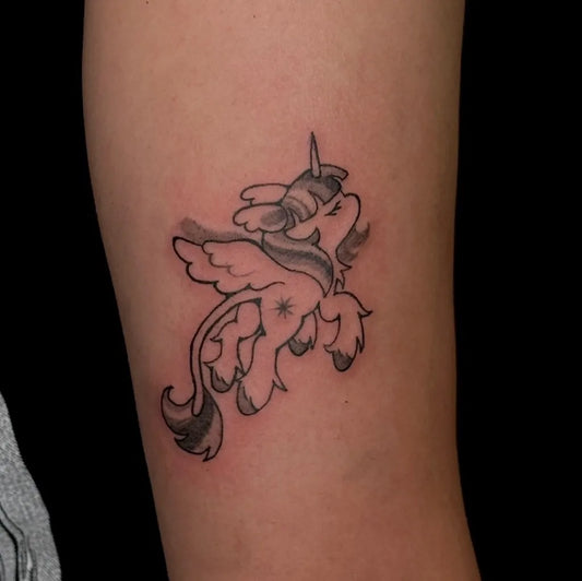 Small Illustrative Twilight Sparkle Pegasus Tattoo on Women Arm by @fairypulp