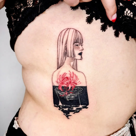 Small Illustrative Woman with Red Spider Lily Tattoo on Women Rib by @roda.tattooer