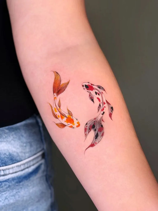 Small Irezumi Two Koi Fish Tattoo on Women Arm by @mayforcolor