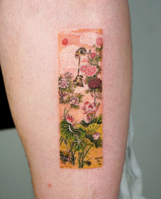 Small Japanese Cloud Lotus Flowers Tattoo on Women Leg by @stroke.hwizi_tt