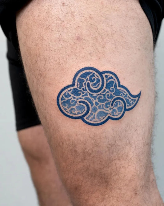 Small Japanese Cloud Tattoo on Men Thigh by @saki.lss