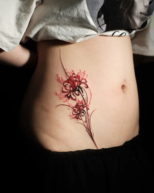 Small Japanese Red Spider Lily Tattoo on Women Side by @tattooist_vein