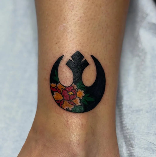 Small Japanese Star Wars Rebel Symbol with Peony Women Ankle by @mayattoo