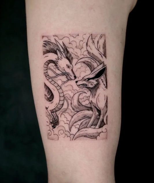 Small Japanese Style Dragon and Nine Tailed Fox on Women Arm Tattoo by @javisan_tattoos