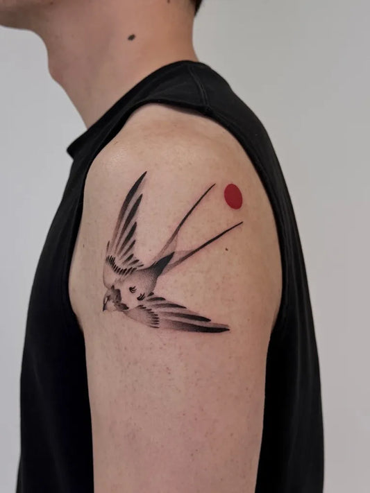 Small Japanese Swallow and Red Sun Tattoo on Men Shoulder by @nxe_xiner