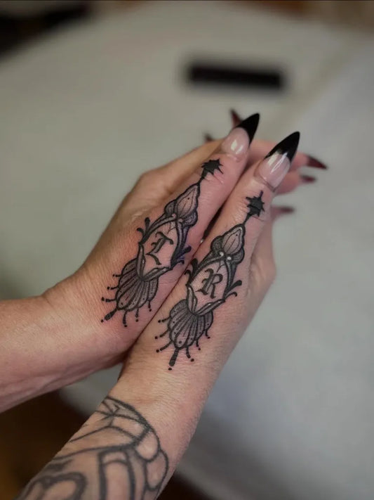 Small Lacework Hand Ornament on Women Hands Tattoo by @virginiaswampwitch