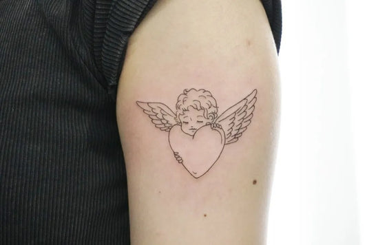 Small Linework Angel with Heart on Women Arm Tattoo by @sou_tattooer