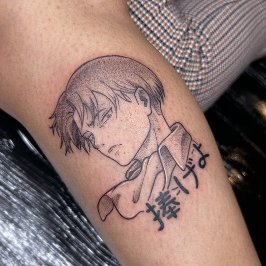 Small Linework Armin Arlert on Men Arm Tattoo by @kirei.ttt