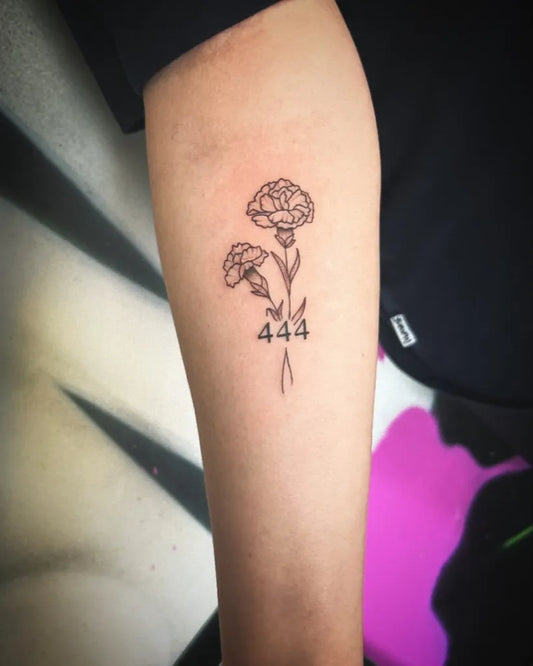 Small Linework Carnations and 444 on Women Arm Tattoo by @youdlauren