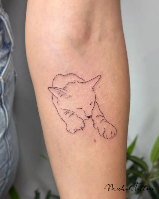 Small Linework Cat Tattoo on Women Forearm by @michal_tattoos