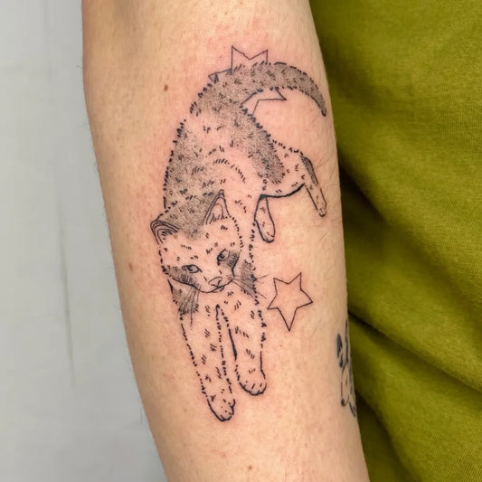 Small Linework Cat with Stars Tattoo on Women Forearm by @restless.needles