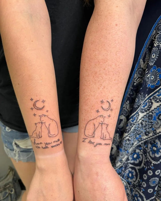 Small Linework Cats Moon on Friends Wrists Matching Tattoo by @missionstreettattoo