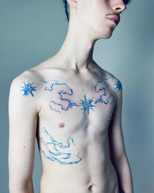 Small Linework Clouds and Stars on Men Sternum Tattoo by @ekellytattoos