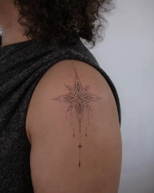 Small Linework Compass Rose Tattoo on Men Shoulder by @monochrom