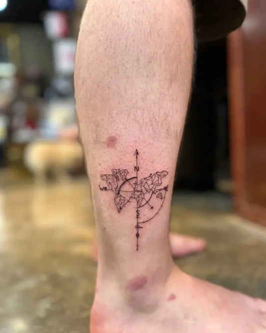 Small Linework Compass Rose on Men Leg Tattoo by @oldmantattoos