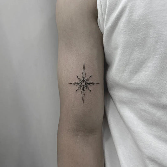 Small Linework Compass on Men Arm Tattoo by @tattoogo_studio