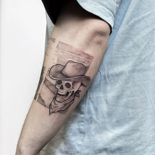 Small Linework Cowboy Skull on Men Forearm Tattoo by @fatum_art