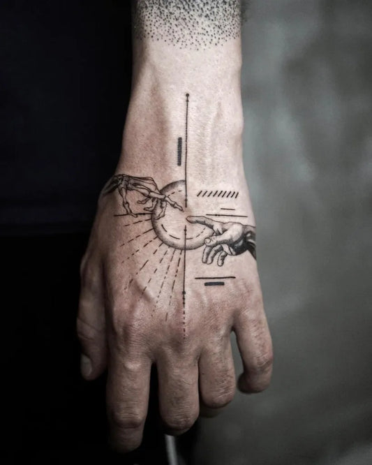 Small Linework Creation of Sun on Men Hand Tattoo by @architex_tattoo