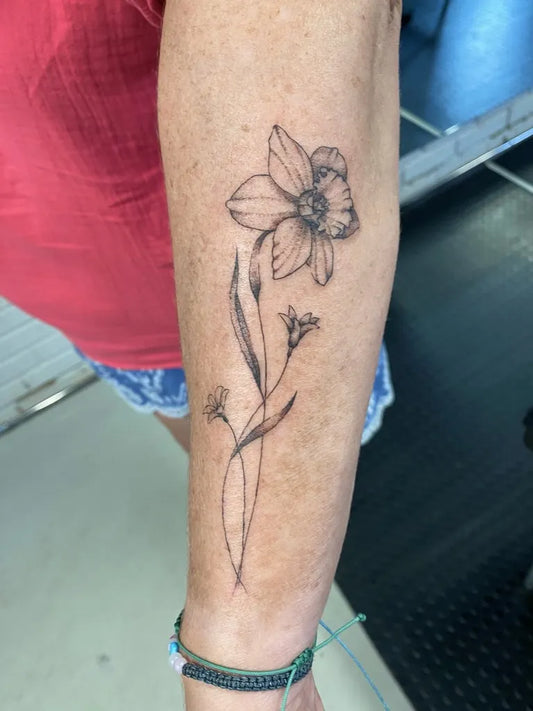 Small Linework Daffodil and Stems Tattoo on Women Arm by @mozzarellena_tattoos