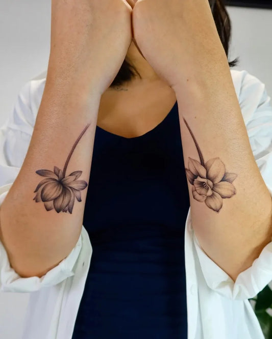 Small Linework Daffodils on Women Arms Tattoo by @minaa.ink