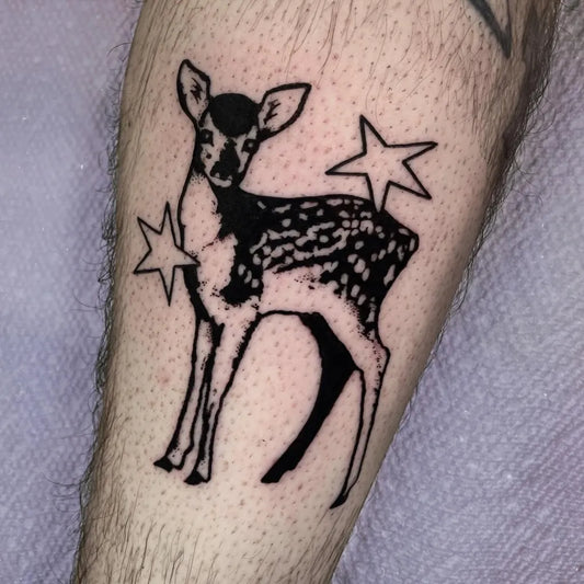 Small Linework Deer with Stars Tattoo on Men Leg by @waifu_hell
