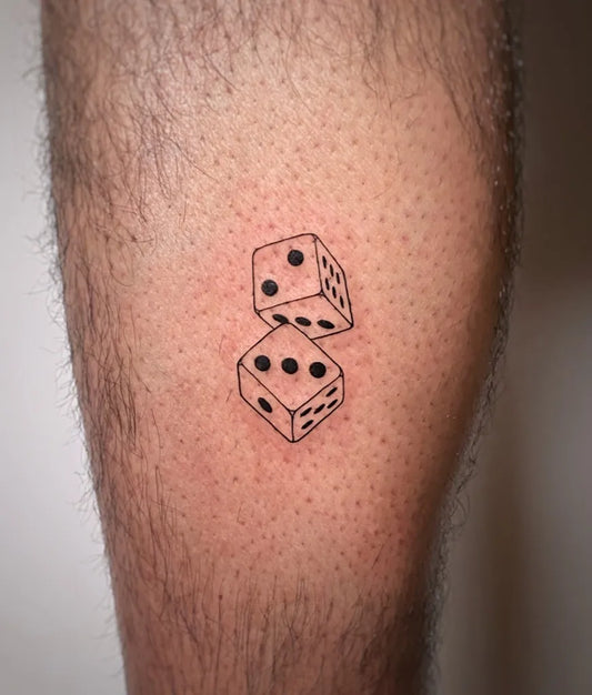 Small Linework Dice Tattoo on Men Leg by @august_tattooer_s