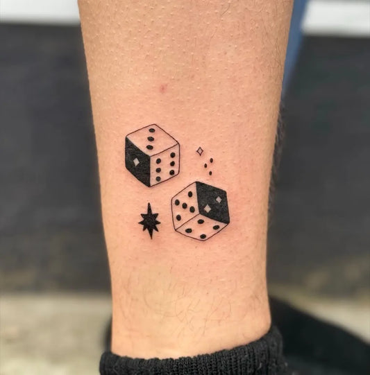 Small Linework Dice and Stars Tattoo on Women Ankle by @butterknife.tattoo
