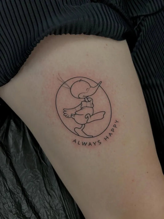 Small Linework DonaldDuck AlwaysHappy Tattoo on Women Arm by @bentausendtattoos