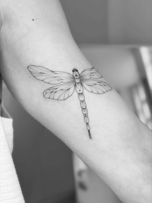 Small Linework Dragonfly on Women Arm Tattoo by @madkasantirto