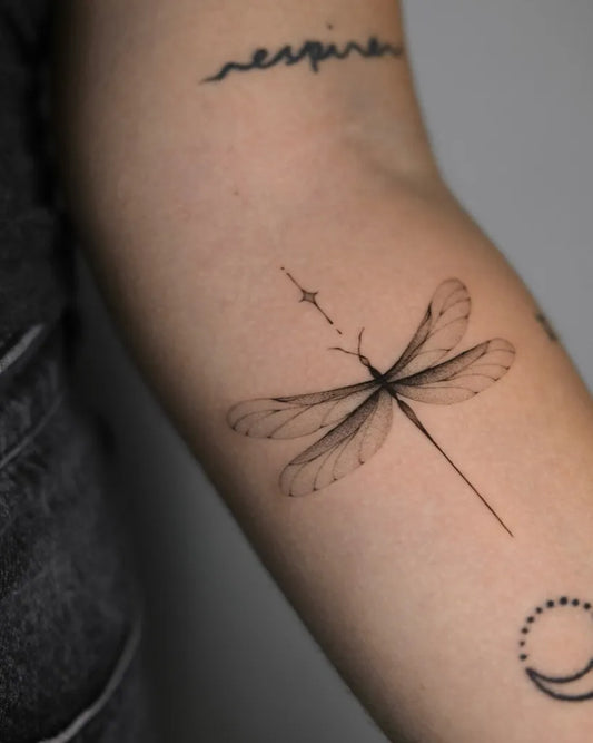 Small Linework Dragonfly with Dots and Moon on Women Arm Tattoo by @blair_ding
