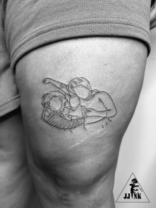 Small Linework Embracing Figures Family Tattoo on Men Thigh by @jj_ink_