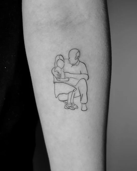 Small Linework Father and Child Family Tattoo on Women Arm by @phouphou.ink
