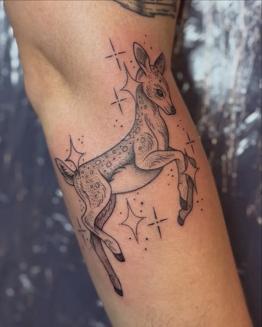 Small Linework Fawn with Stars on Women Forearm Tattoo by @mauraparkesart