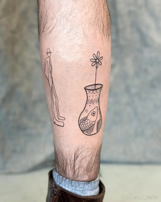 Small Linework Figure and Flower Vase Tattoo on Men Calf by @eli_inking