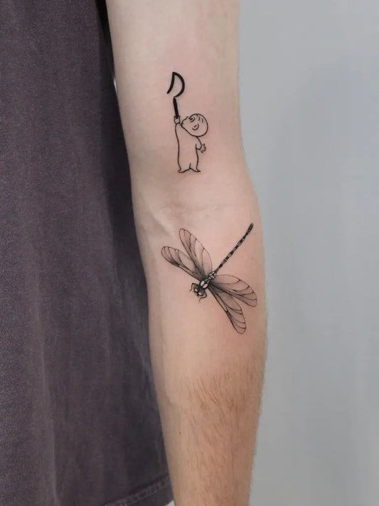 Small Linework Figure with Cane and Dragonfly on Men Arm Tattoo by @llllwg22
