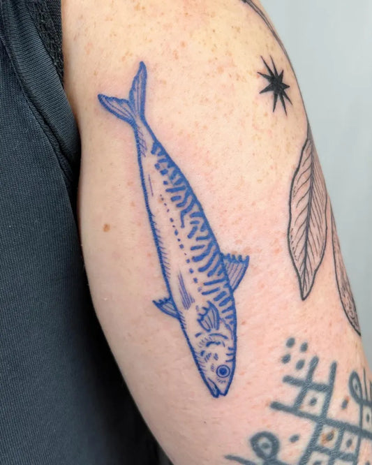 Small Linework Fish Tattoo on Women Arm by @pelc.tt