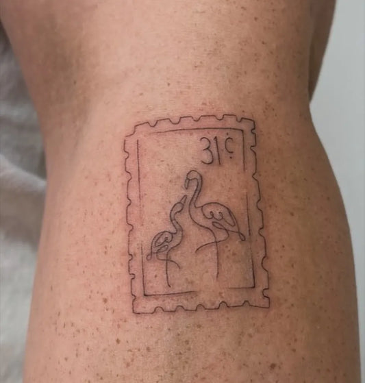 Small Linework Flamingo Stamp Tattoo on Women Thigh by @lizkihn