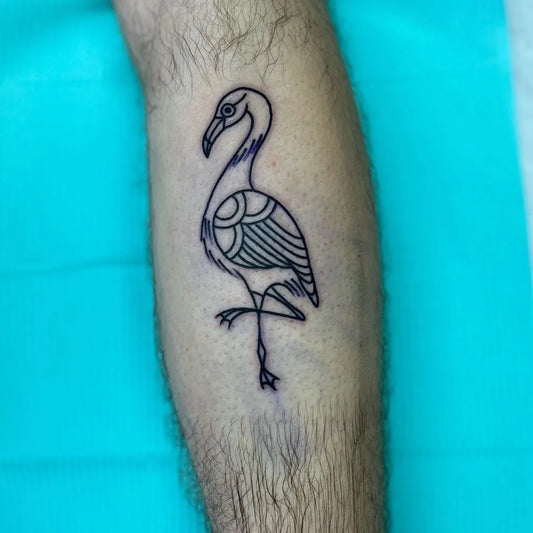 Small Linework Flamingo Tattoo on Men Leg by @vizzytattoos