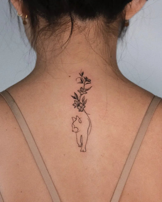 Small Linework Flowers and Cat on Women Back Tattoo by @its.freegee