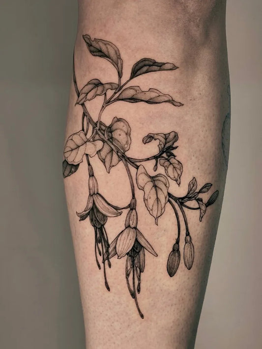 Small Linework Fuchsia Branch and Flowers on Women Leg Fuchsia Tattoo by @aspectgraphite