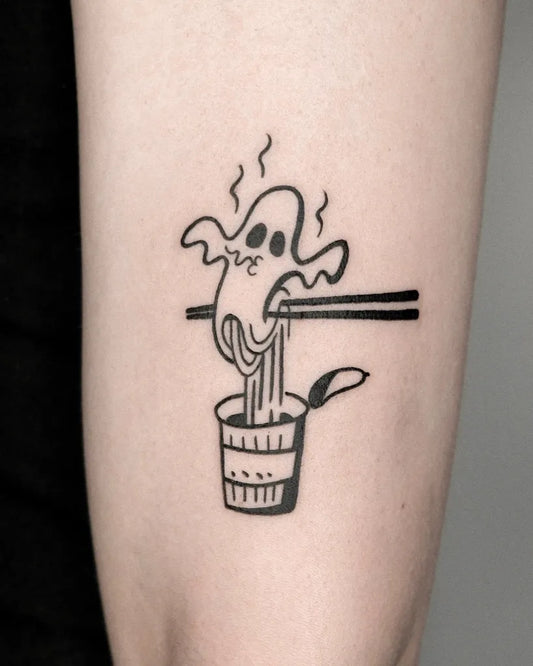 Small Linework Ghost Ramen Cup Noodles Tattoo on Women Arm by @lana_here_tattoo