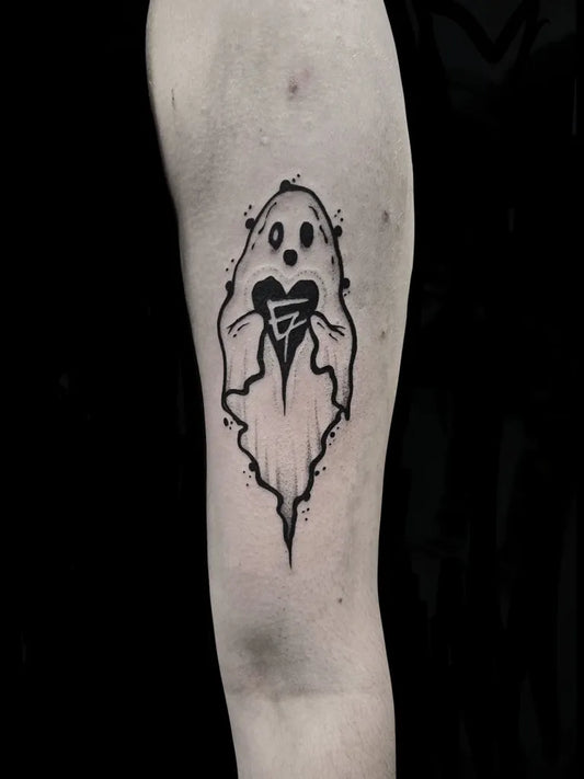 Small Linework Ghost Tattoo on Women Arm by @levs.gore