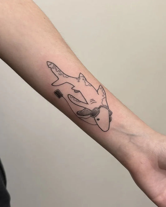 Small Linework Great White Shark with Sunglasses on Men Arm Tattoo by @pulsar.tattoo